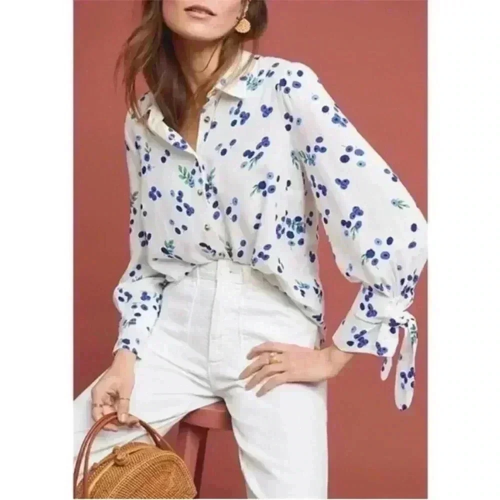 Anthropologie Maeve Novelty Print Blouse Top Fruit Blueberry Sz 4 Small - Picture 2 of 12